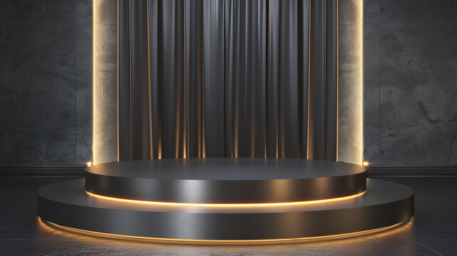 3D luxury podium stage backdrop product presentation background, podium product stand or display with gold, luxury background and cinematic light, Abstract minimal scene with round podium
