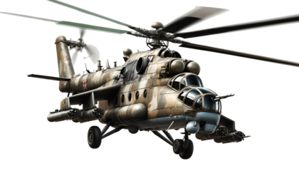 Large military helicopter in flight, isolated on a white background. The helicopter has a rugged and powerful appearance with a camouflage paint job.