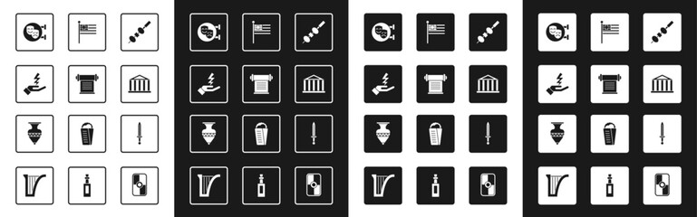 Set Olive and cheese on chopstick, Decree, parchment, scroll, Zeus, Comedy tragedy masks, Parthenon, Greece national flag, Medieval sword and Ancient amphorae icon. Vector
