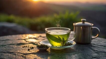 A mug of green tea standing on a stone table against a sunset background