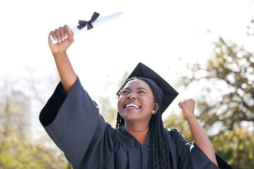 Young, black woman and graduation with success in outdoor for education, winning for future with...