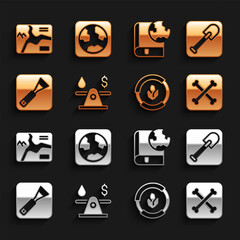 Set Oil money, Shovel, Archeology, Soil analysis, Paint brush, Earth globe and book, Topographic map and icon. Vector