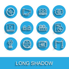 Set line Movie trophy, Film reel, CD or DVD disk, Online play video with 4k, Carpet barriers, 3D cinema glasses, and Cinema camera icon. Vector