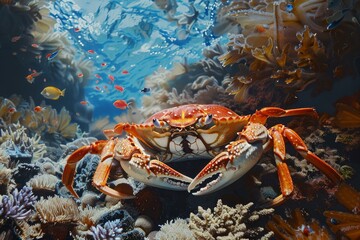 Vibrant crab on a coral reef with tropical fish swimming in a sunlit underwater scene