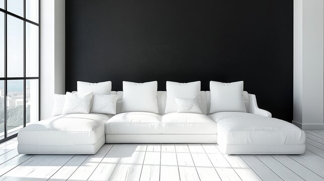 Minimalist monochrome  white sofa against sleek black accent wall in a black and white palette