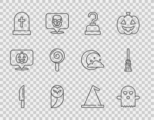 Set line Knife, Ghost, Pirate hook, Owl, Tombstone with cross, Lollipop, Witch hat and Witches broom icon. Vector