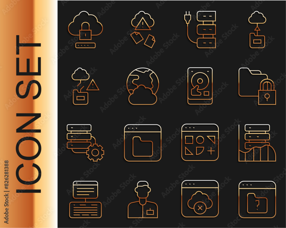 Poster set line file missing, server, data, web hosting, folder and lock, social network, cloud technology 