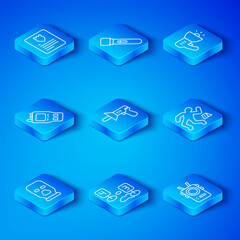 Set line Balaclava, Police megaphone, Marker of crime scene, Crime, Walkie talkie, The arrest warrant and body camera icon. Vector