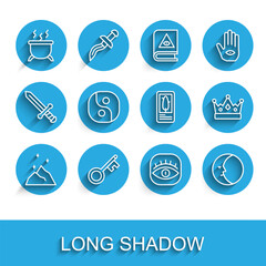Set line Magic powder, Old key, Witch cauldron, Masons, Moon, Yin Yang, King crown and Tarot cards icon. Vector