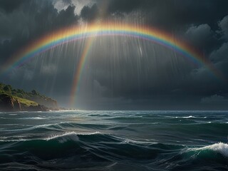 A breathtaking natural landscape with a vibrant rainbow arcing across a clear blue sky and reflecting on the calm sea
