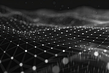 Futuristic abstract digital network landscape with interconnected nodes and lines in monochrome. Technology, connectivity, and data structure concept