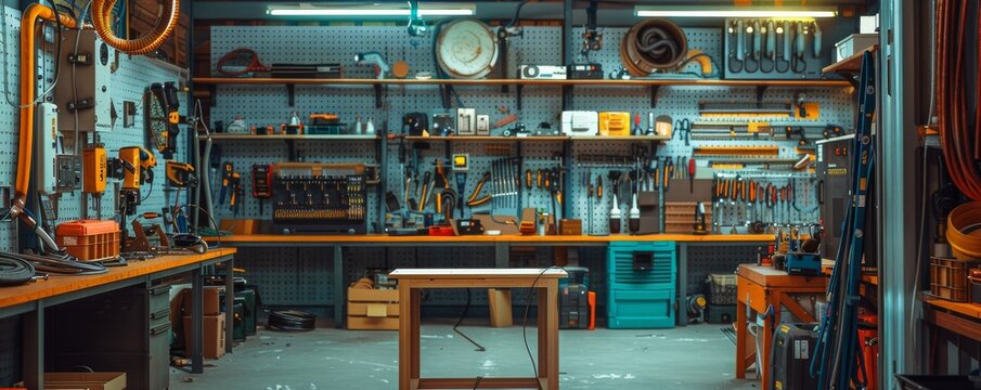 High-contrast workshop interior with organized tools and central workbench