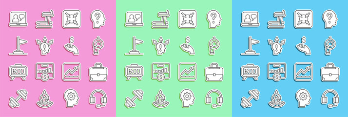 Set line Headphones, Briefcase, Whistle, Target, Project team base, Flag, Online education and Hand holding coin money icon. Vector