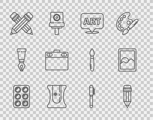 Set line Watercolor paints in box, Pencil with eraser, Speech bubble text art, sharpener, Crossed pencil, Graphic tablet, and icon. Vector