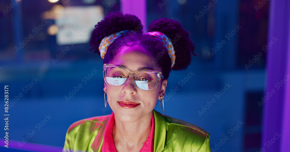 Aufkleber Computer, face and neon with programmer woman in office at night for coding or developing. Smile, typing and glasses with happy young game developer in workplace for system or interface upgrade