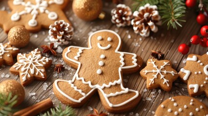 Holiday gingerbread cookies and decor displayed on a wooden backdrop