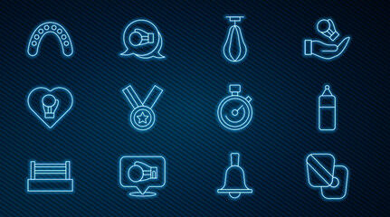 Set line Boxing training paws, Punching bag, Medal, glove, Mouth guard boxer, Stopwatch and icon. Vector