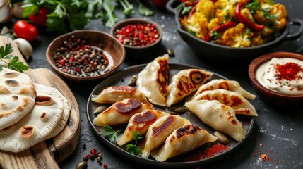 Variety of food items, including dumplings, flatbread, cauliflower, tomatoes, onions, peppers, and a dip, all arranged on a dark background
