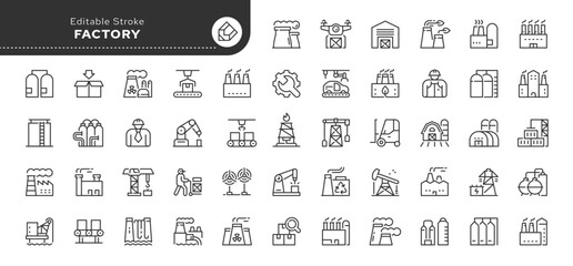 Factory and industry line icon set. Plant, manufacture and production. Outline icon collection. Conceptual pictogram and infographic.