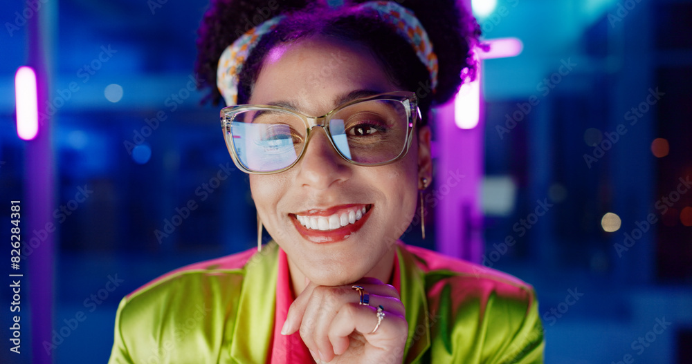 Aufkleber Woman, night and happy in office with neon, tablet and glasses for reading, information technology or coding. Person, girl and developer with smile for programming, solution and creative for software