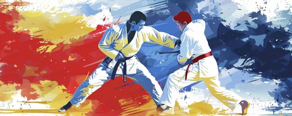Dynamic judo match at the Olympics with intense athletes competing on vibrant abstract background