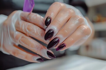 Manicurist applying shellac on clients nails in beauty salon with hand hygiene and care