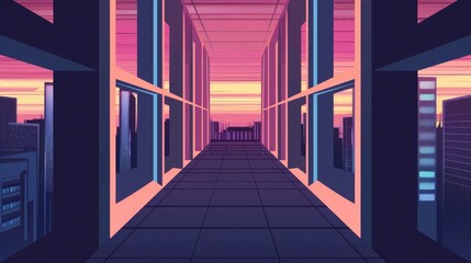 Perspective view down a long corridor with large windows on both sides bathed in pink sunset light. Urban sunset