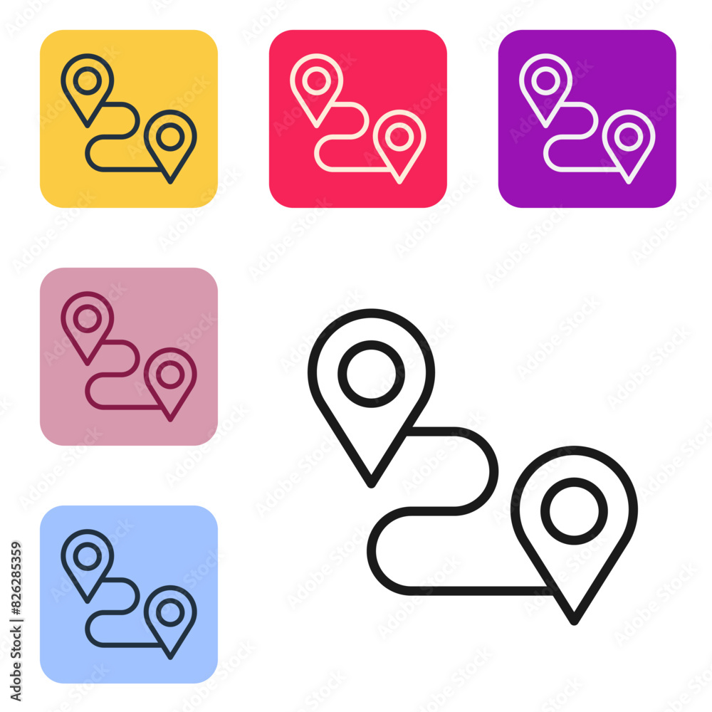 Poster black line route location icon isolated on white background. map pointer sign. concept of path or ro