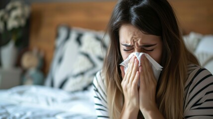 A female sneeze with tissue due to allergy reaction