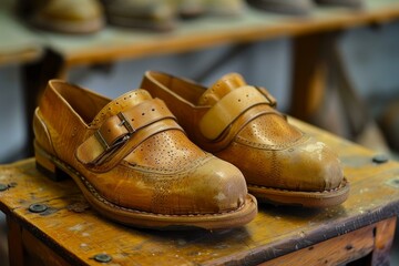 Pair of classic leather brogues with perforated details displayed on a rustic wooden table