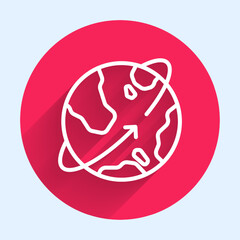 White line Artificial satellites orbiting the planet Earth in outer space icon isolated with long shadow background. Communication, navigation concept. Red circle button. Vector