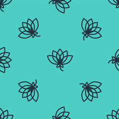 Black line Lotus flower icon isolated seamless pattern on green background. Vector