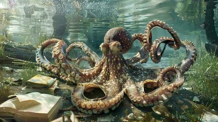Obraz premium An octopus sits on top of a pile of books by the water with a book in its mouth