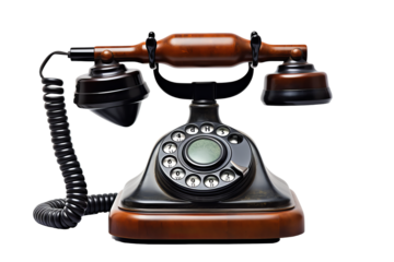 Vintage rotary dial telephone with wooden accents and black finish, isolated on white background. Classic design and timeless elegance.