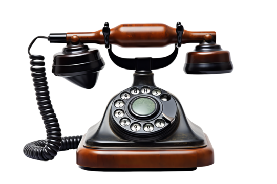 Vintage rotary dial telephone with wooden accents and black finish, isolated on white background. Classic design and timeless elegance.