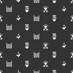 Set Farmer in the hat, Corn, Garden hose and Well with bucket on seamless pattern. Vector