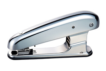 A shiny metallic stapler isolated on a white background, ideal for office supplies, stationery, and productivity concepts.