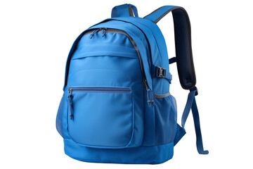 Blue backpack isolated on white background, ideal for travel, hiking, or school use, featuring multiple compartments and sturdy construction.