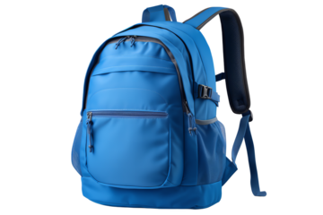 Blue backpack isolated on white background, ideal for travel, hiking, or school use, featuring multiple compartments and sturdy construction.