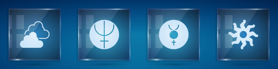Set Cloudy weather, Neptune planet, Symbol Mercury and Sun. Square glass panels. Vector