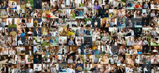 Fototapeta premium College. Men and women, people of different age and nationality, employees working together in giant enterprise. Motivated workers. Concept of business, entrepreneurship, career, teamwork
