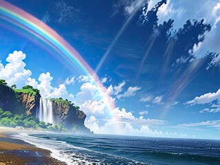 A breathtaking natural landscape with a vibrant rainbow arcing across a clear blue sky and reflecting on the calm sea