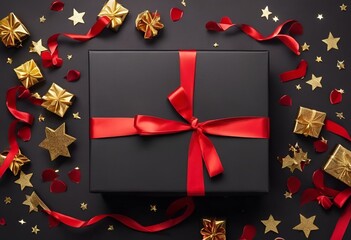 AI generated illustration of a Christmas gift with gold stars and a red ribbon on a dark backdrop
