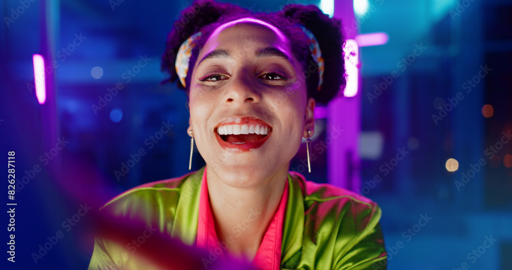 Poster Woman, night and excited in office with neon, tablet or scroll for reading with problem solving at coding job. Person, girl and developer with click for programming, solution or creative for software