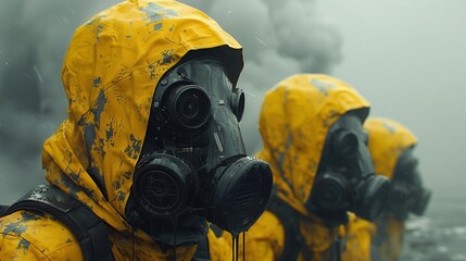 Group of figures in yellow hoods and respirators against stormy backdrop image. Preparedness in hostile urban environment photography scene wallpaper. Science fiction concept photo