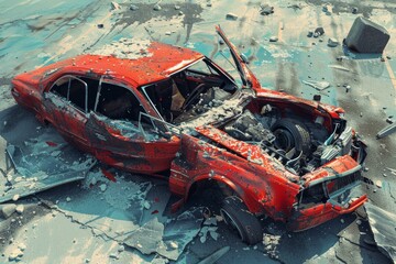 Striking image of a damaged red car in a desolate, postapocalyptic setting