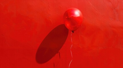 A single red helium balloon floats against a textured red wall