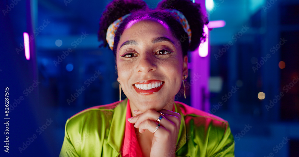 Aufkleber Woman, night and excited in office with neon, tablet or scroll for reading with problem solving at coding job. Person, girl and developer with click for programming, solution or creative for software