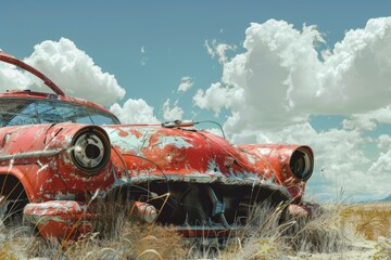 Wrecked vintage car with faded red paint lying forgotten in a tranquil desert under a cloudy sky