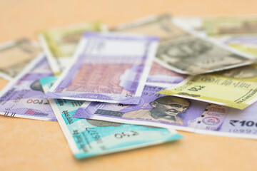 Indian money and banknotes, 200 rupees. Background of paper Indian money